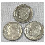 (3) 1940s-50s Roosevelt Silver Dimes, US 90%