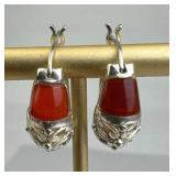 925 Silver Red Stone Open Flower Hoop Earrings