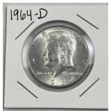 1964-D JFK 90% Silver Half Dollar, US 50c Coin