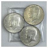 (3) 1968-D JFK 40% Silver Half Dollar, US 50c