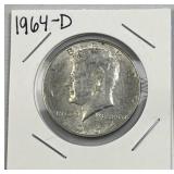 1964-D JFK 90% Silver Half Dollar UNC, 50c Coin