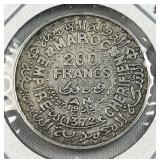 1953 Silver Morocco 200 Francs Coin, VF, .720