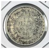 1953 Silver Morocco 100 Francs Coin, XF, .720