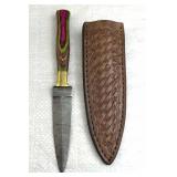 Damascus Steel Stiletto Blade Knife w/ Sheath