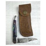 Damascus Steel Folding Blade Knife w/ Sheath