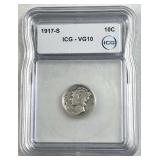 1917-S Mercury Silver Dime, ICG VG10
