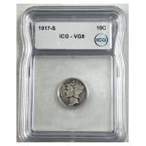 1917-S Mercury Silver Dime, ICG VG18