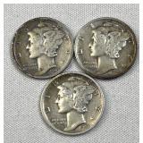 1943-P,D,S Silver Mercury Dimes, 90% Coins