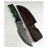 Lg Damascus Steel Fixed Blade Knife w/ Sheath