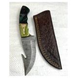 Damascus Steel Fixed Gut Hook Blade Knife w Sheath