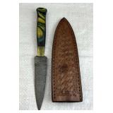 Damascus Steel Stiletto Blade Knife w/ Sheath