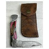 Damascus Steel Folding Blade Knife w/ Sheath