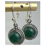 925 Silver Round Green Onyx Dangle Earrings