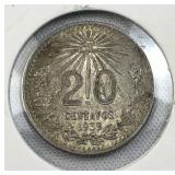 1939 Mexico Silver 20 Centavos Coin, Nice Luster