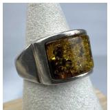925 Silver Vintage Natural Amber Inlay Band Ring