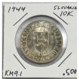 1944 Slovakia Silver 10 Korun Coin, WWII Era