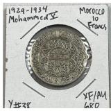 1929-34 Morocco Silver 5 10 Francs Coin, XF/AU