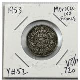 1953 Morocco Silver 100 Francs Coin, VF/XF