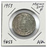 1953 Morocco Silver 200 Francs Coin, AU