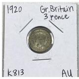 1920 Gr. Britain Silver 3 Pence Coin, AU
