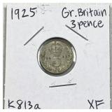 1925 Gr. Britain Silver 3 Pence Coin, XF