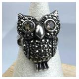 925 Silver Owl Ring, Smoky Quartz Eyes & Marcasite