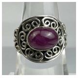925 Silver Ruby Cabochon Filigree Scrollwork Ring
