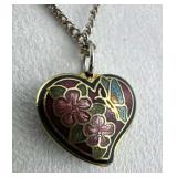 Vtg Cloisonne Butterfly/Flower Heart Pendant Neckl