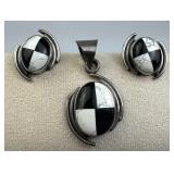 925 Silver Taxco Onyx & Howlite Checker Pendant+