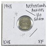 1948 Netherlands Antilles 1/10 Gulden Coin, XF