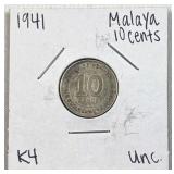 1941 Malaya Silver 10 Cents, Uncirculated