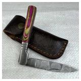 Damascus Steel Folding Blade Knife w/ Sheath