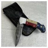 Damascus Steel TX Folding Blade Knife w/ Sheath