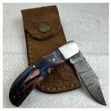 Damascus Steel Folding Blade Knife w/ Sheath