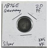 1876E Germany Silver 20 Pfennig Coin, VF