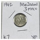 1942 New Zealand Silver 3 Pence Coin, XF+