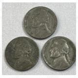 (3) 1943-S Silver War Nickels, WWII Era 35%