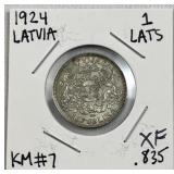 1924 Latvia Silver 1 Lats Coin, XF