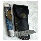 Damascus Steel Folding Blade Knife w/ Sheath