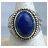 925 Silver Oval Lapis Lazuli Textured Band Ring
