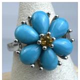 925 Silver Turquoise Petals Citrine Flower Ring