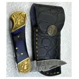 Damascus Steel Folding Blade Knife w/ Sheath