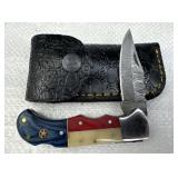 Damascus Steel TX Folding Blade Knife w/ Sheath