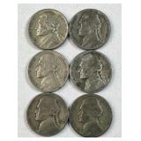 (6) 1942-45 Silver WWII Era War Nickels, 35%