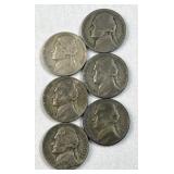 (6) 1942-45 Silver WWII Era War Nickels, 35%