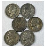 (6) 1942-45 Silver WWII Era War Nickels, 35%