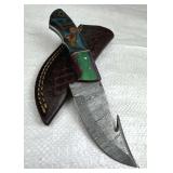 Damascus Steel Gut Hook Skinner Knife w/ Sheath
