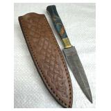 Damascus Steel Stiletto Blade Knife w/ Sheath