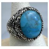 925 Silver Ornate Blue Turquoise Embellished Ring
