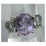 925 Silver Amethyst Sky Blue Topaz Three-Stone Rin